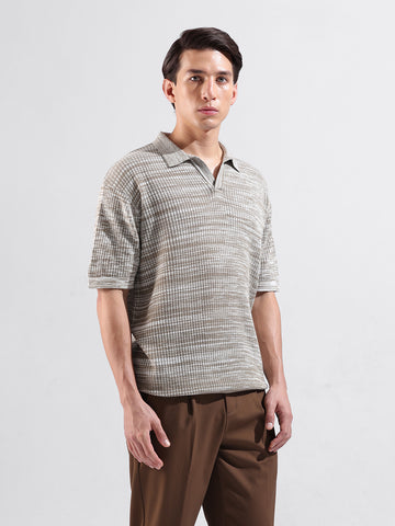 Men's Beige Oversized Fit Textured Flat Knit Polo Neck T-Shirt