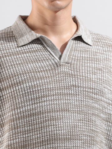 Men's Beige Oversized Fit Textured Flat Knit Polo Neck T-Shirt