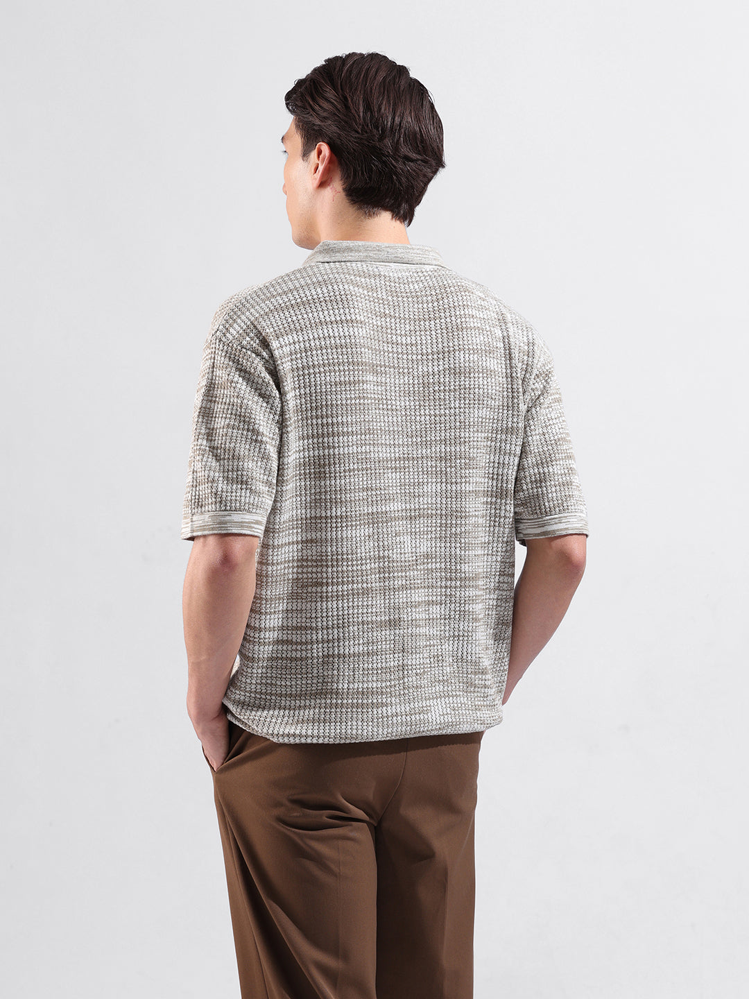 Men's Beige Oversized Fit Textured Flat Knit Polo Neck T-Shirt