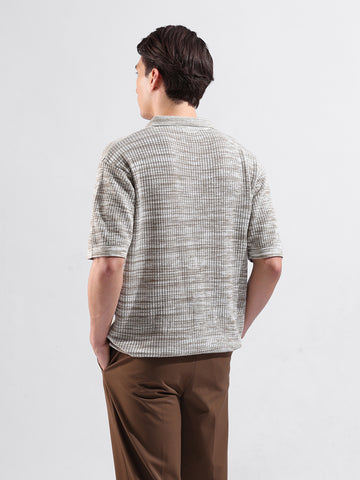 Men's Beige Oversized Fit Textured Flat Knit Polo Neck T-Shirt