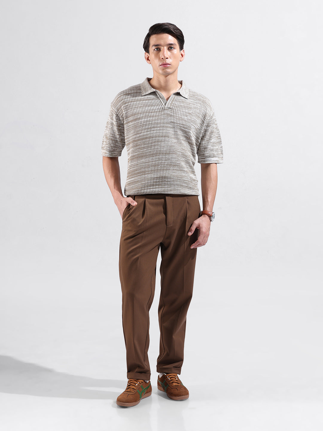 Men's Beige Oversized Fit Textured Flat Knit Polo Neck T-Shirt