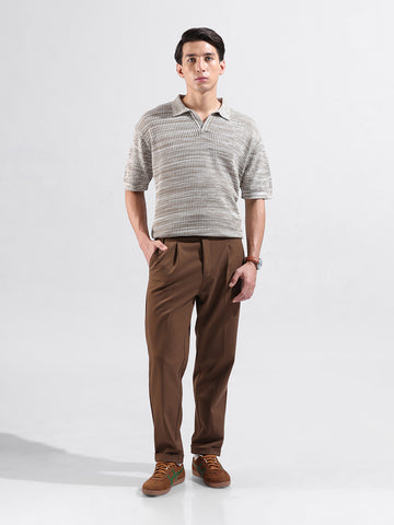 Men's Beige Oversized Fit Textured Flat Knit Polo Neck T-Shirt