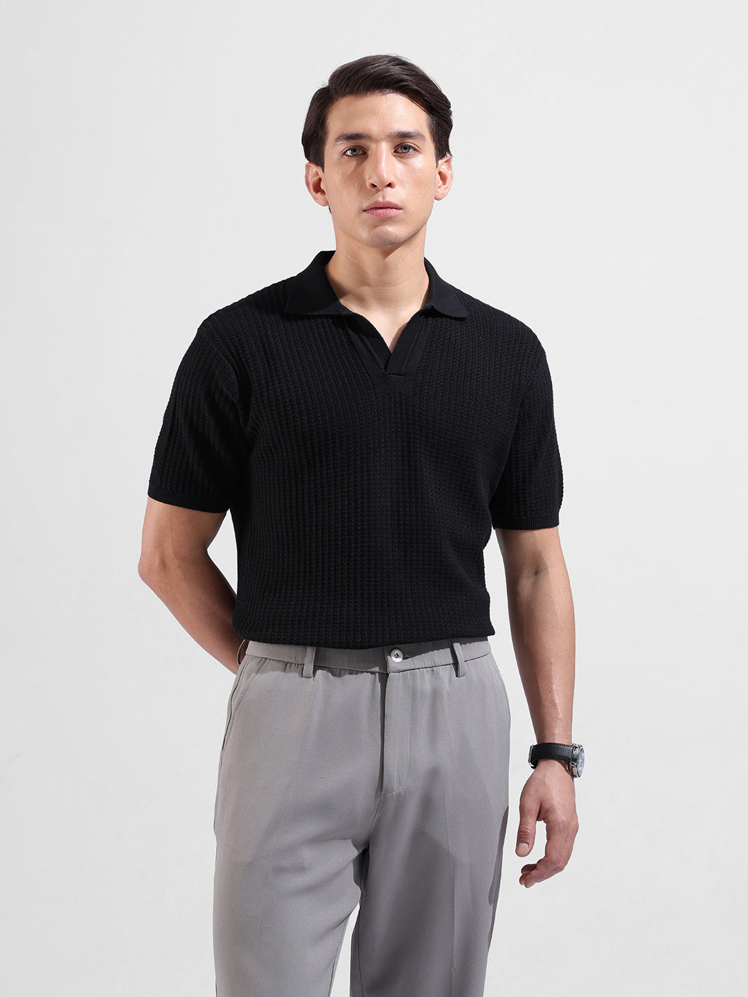 Men's Black Slim Fit Textured Flat Knit Polo Collar T-Shirt