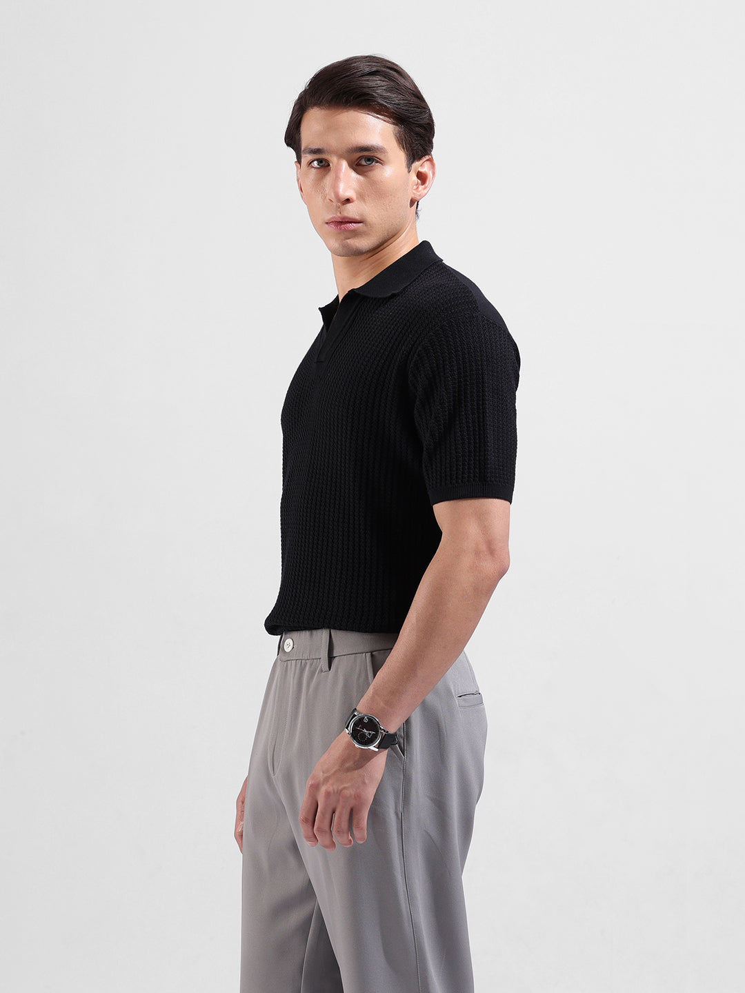Men's Black Slim Fit Textured Flat Knit Polo Collar T-Shirt