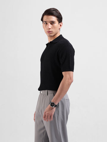 Men's Black Slim Fit Textured Flat Knit Polo Collar T-Shirt
