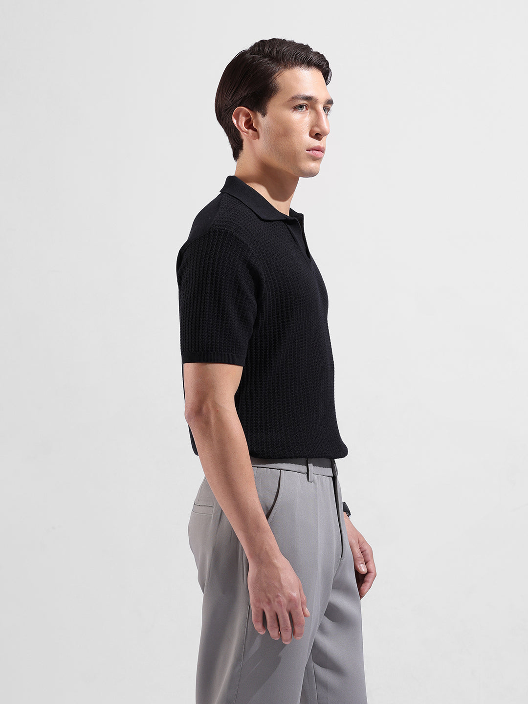 Men's Black Slim Fit Textured Flat Knit Polo Collar T-Shirt