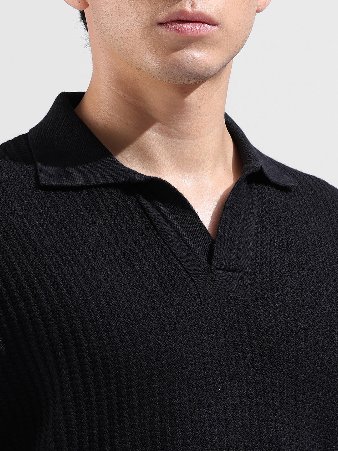 Men's Black Slim Fit Textured Flat Knit Polo Collar T-Shirt