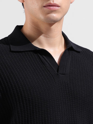 Men's Black Slim Fit Textured Flat Knit Polo Collar T-Shirt