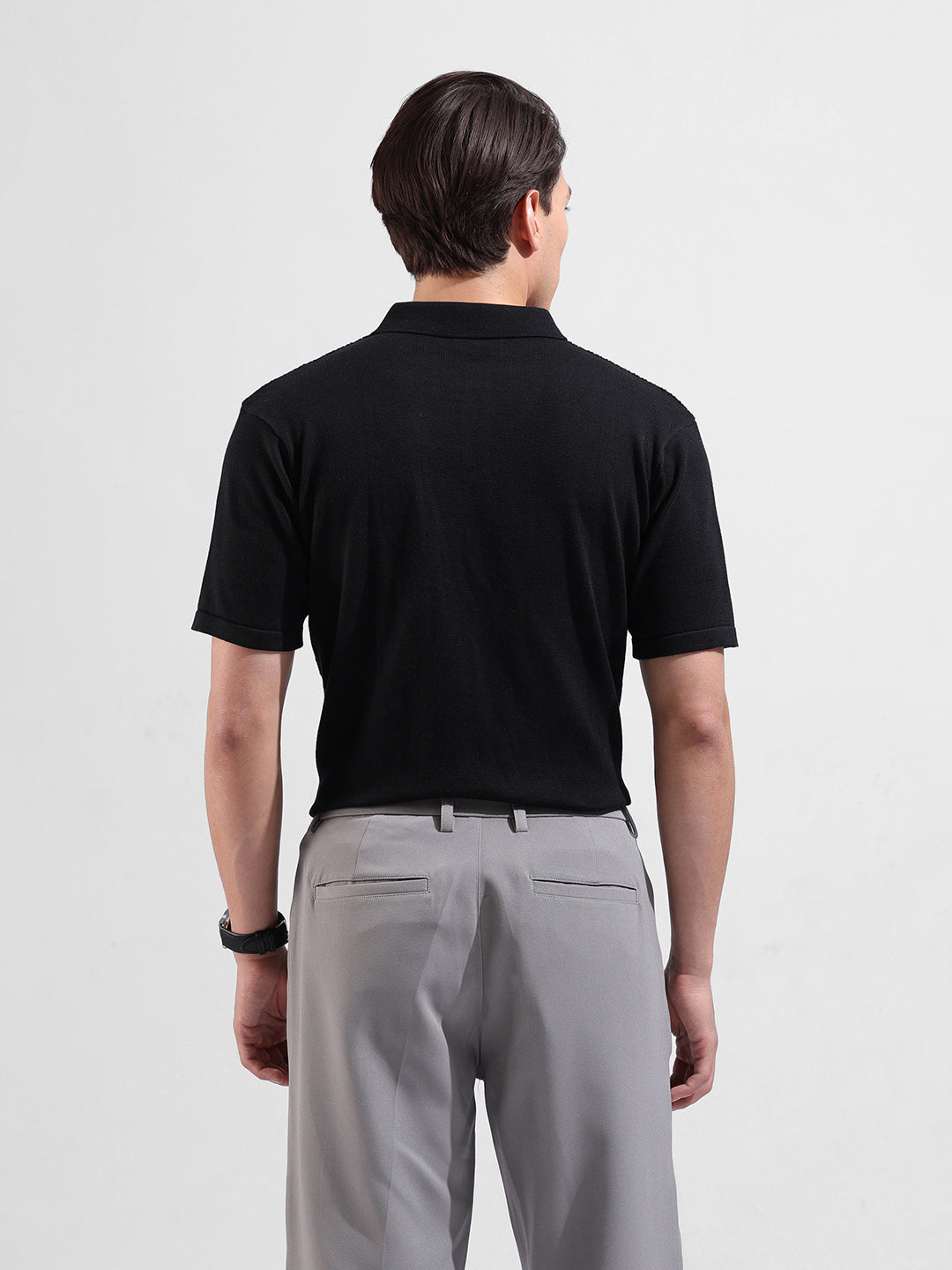 Men's Black Slim Fit Textured Flat Knit Polo Collar T-Shirt