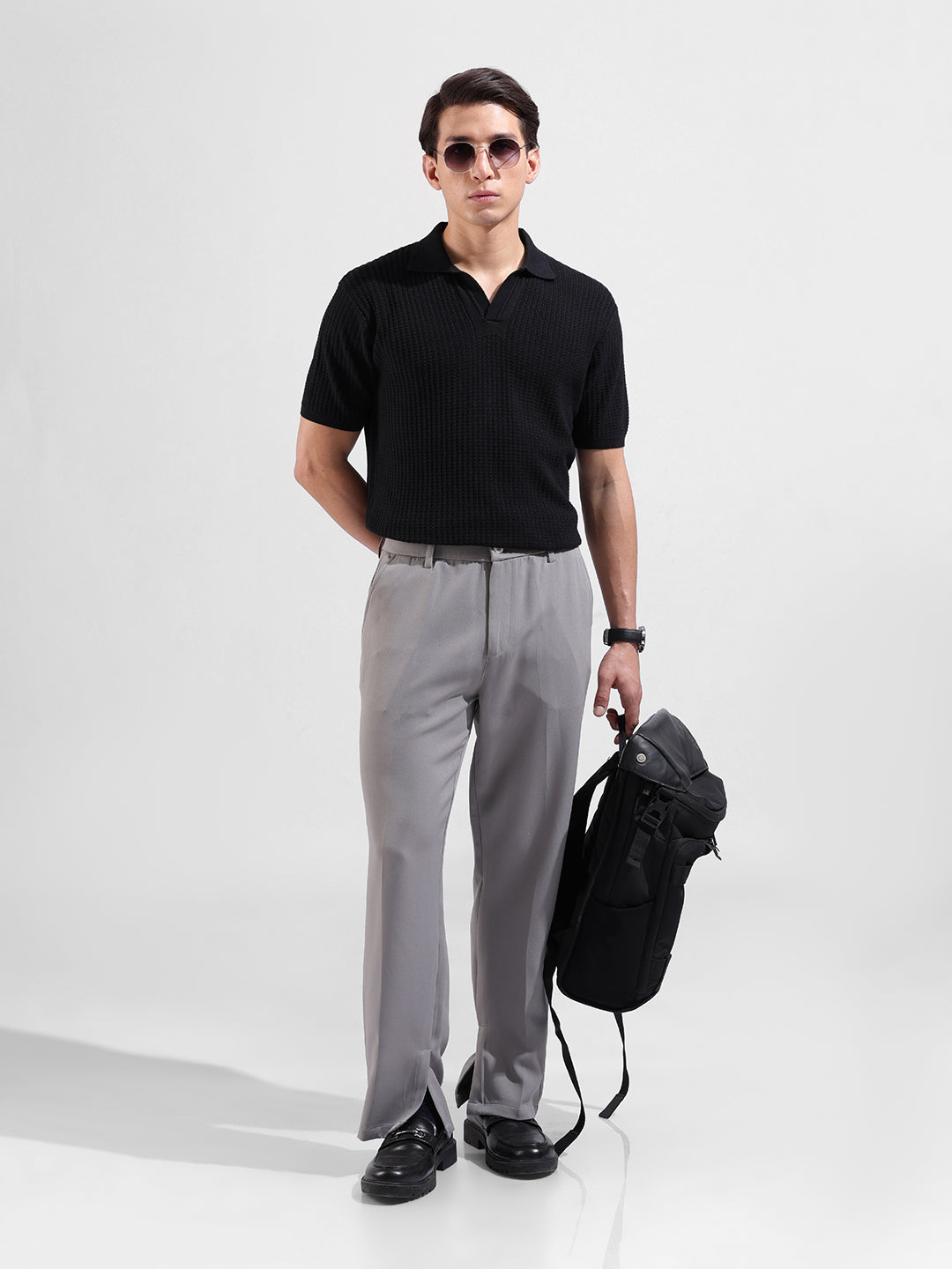 Men's Black Slim Fit Textured Flat Knit Polo Collar T-Shirt