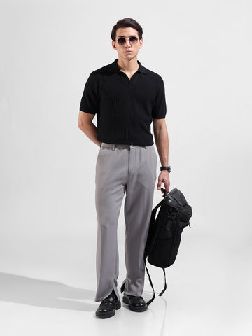 Men's Black Slim Fit Textured Flat Knit Polo Collar T-Shirt