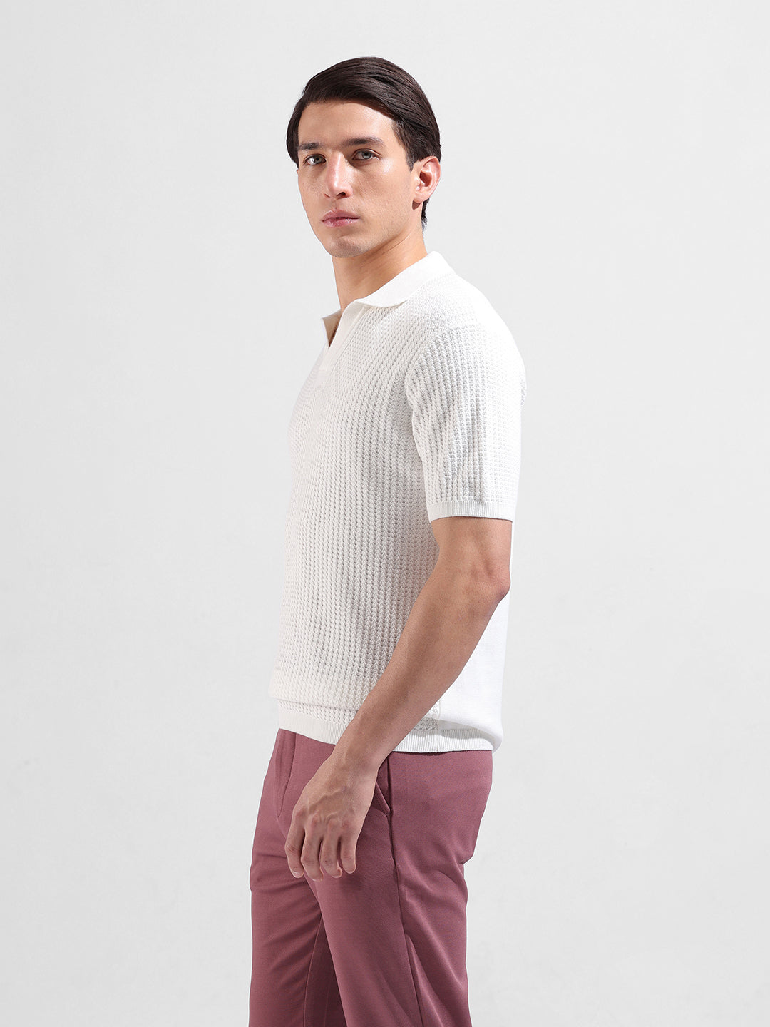 Men's White Slim Fit Textured Flat Knit Polo Collar T-Shirt