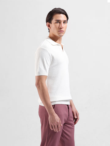 Men's White Slim Fit Textured Flat Knit Polo Collar T-Shirt