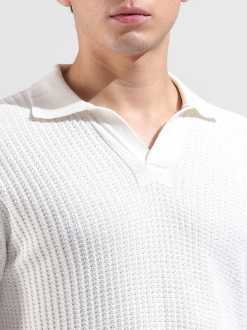 Men's White Slim Fit Textured Flat Knit Polo Collar T-Shirt