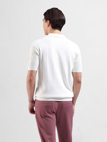 Men's White Slim Fit Textured Flat Knit Polo Collar T-Shirt