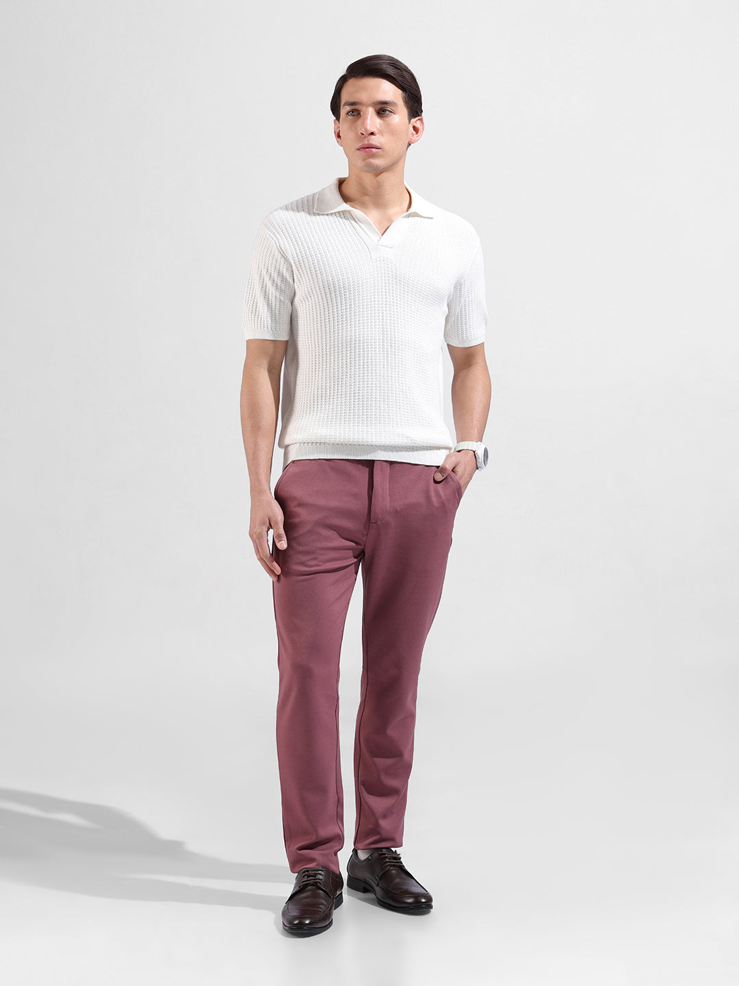 Men's White Slim Fit Textured Flat Knit Polo Collar T-Shirt