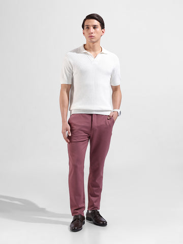 Men's White Slim Fit Textured Flat Knit Polo Collar T-Shirt