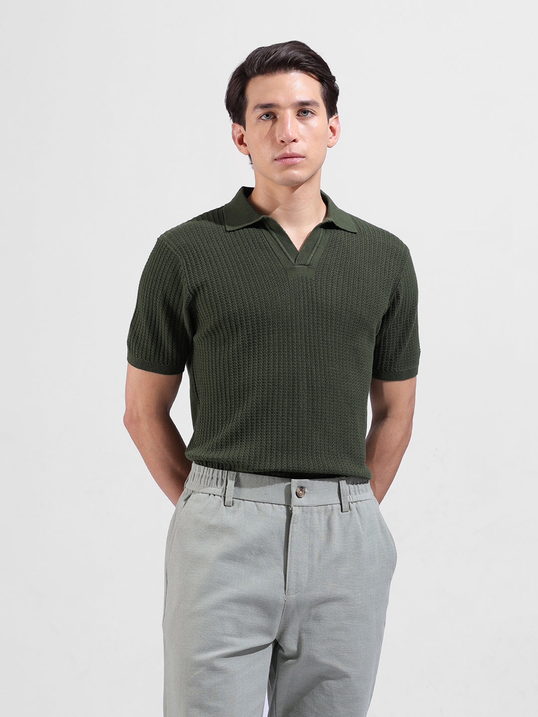 Men's Green Slim Fit Textured Flat Knit Polo Neck T-Shirt