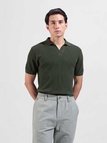 Men's Green Slim Fit Textured Flat Knit Polo Neck T-Shirt