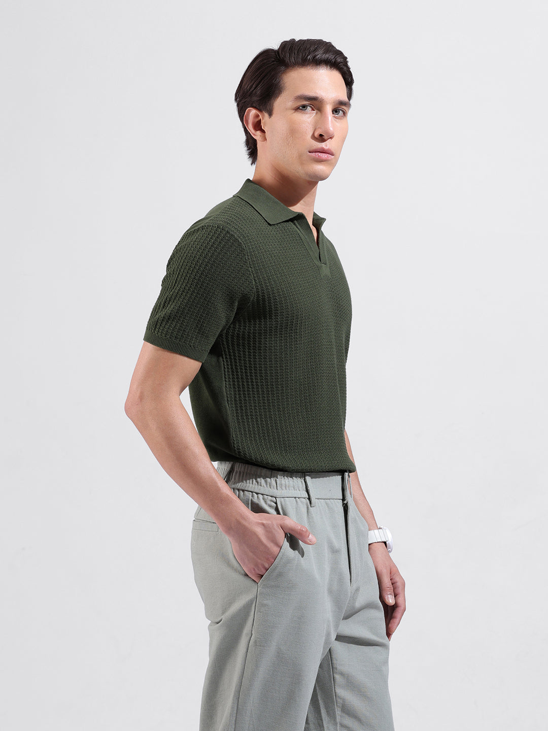 Men's Green Slim Fit Textured Flat Knit Polo Neck T-Shirt