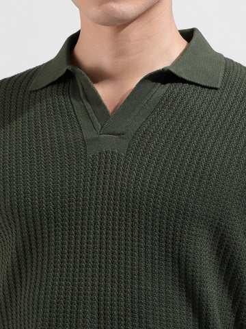 Men's Green Slim Fit Textured Flat Knit Polo Neck T-Shirt