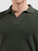 Men's Green Slim Fit Textured Flat Knit Polo Neck T-Shirt