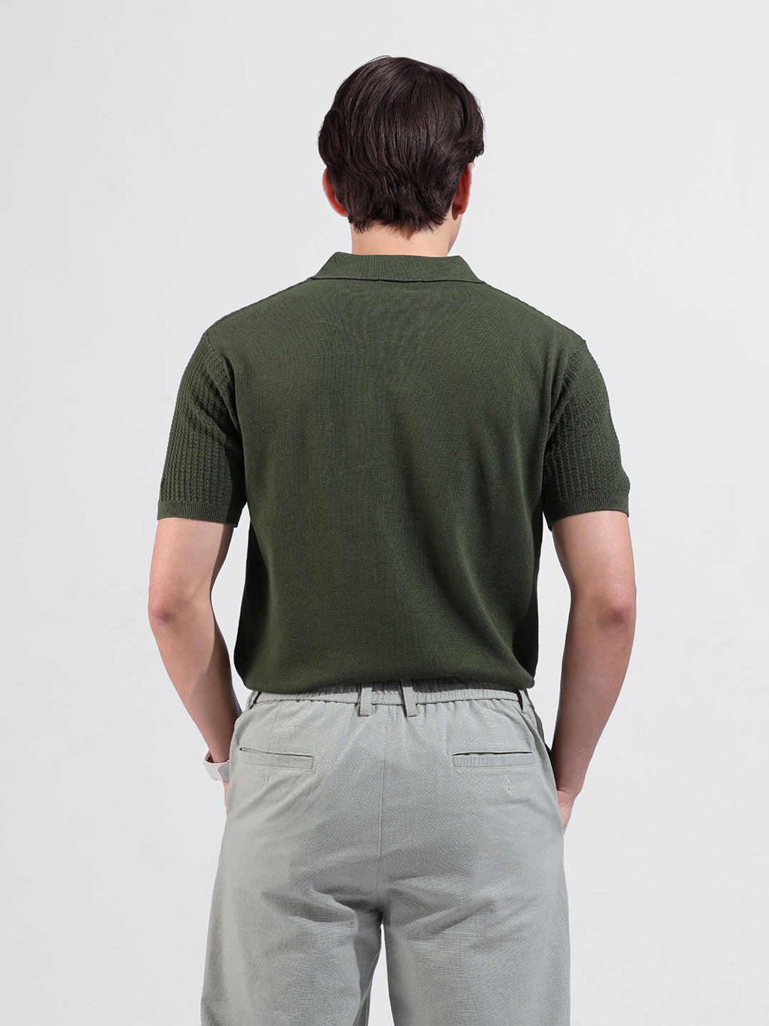 Men's Green Slim Fit Textured Flat Knit Polo Neck T-Shirt