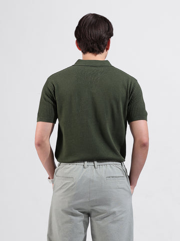 Men's Green Slim Fit Textured Flat Knit Polo Neck T-Shirt