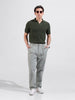 Men's Green Slim Fit Textured Flat Knit Polo Neck T-Shirt