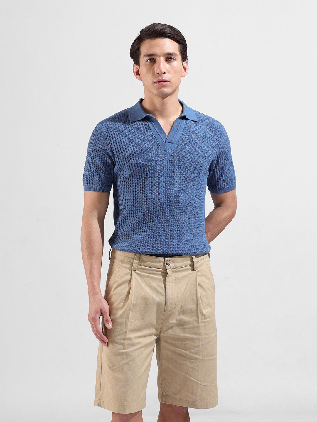 Men's Blue Slim Fit Textured Flat Knit Polo Collar T-Shirt