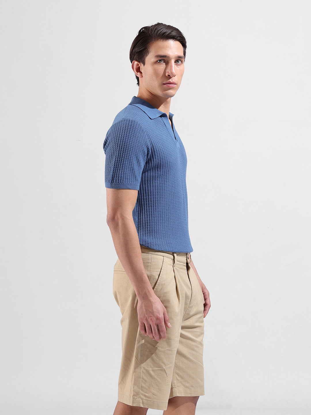 Men's Blue Slim Fit Textured Flat Knit Polo Collar T-Shirt