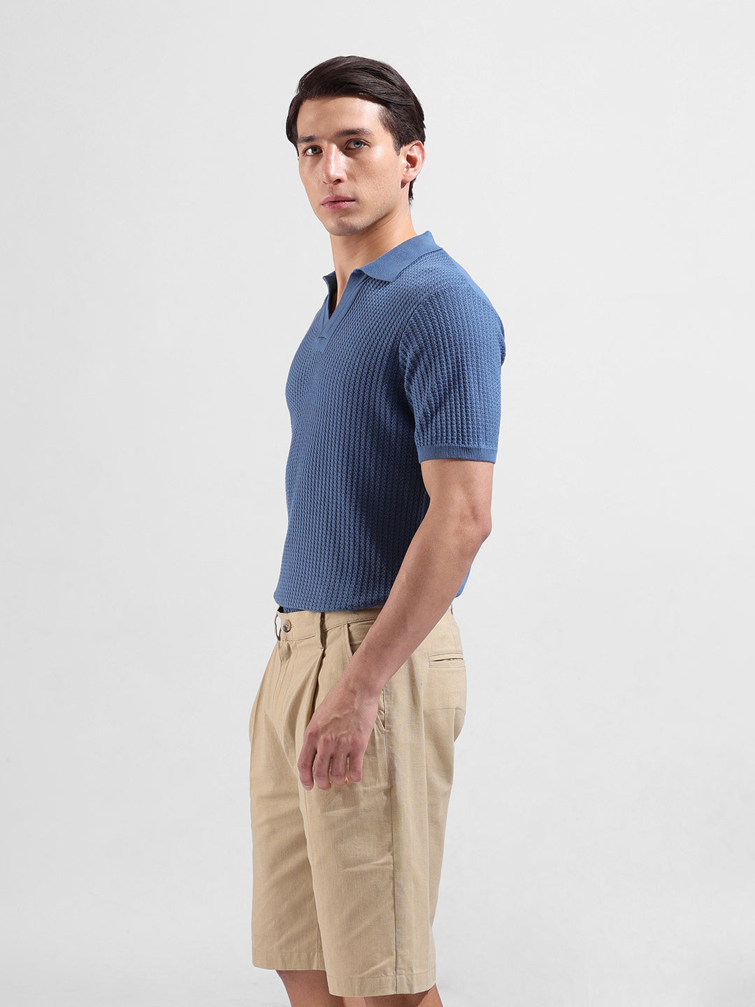 Men's Blue Slim Fit Textured Flat Knit Polo Collar T-Shirt