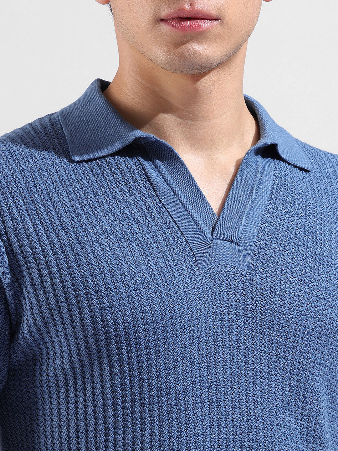 Men's Blue Slim Fit Textured Flat Knit Polo Collar T-Shirt