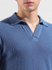 Men's Blue Slim Fit Textured Flat Knit Polo Collar T-Shirt