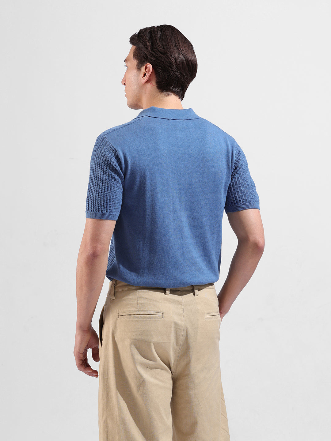 Men's Blue Slim Fit Textured Flat Knit Polo Collar T-Shirt