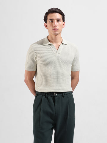Men's Green Slim Fit Textured Flat Knit Polo Neck T-Shirt