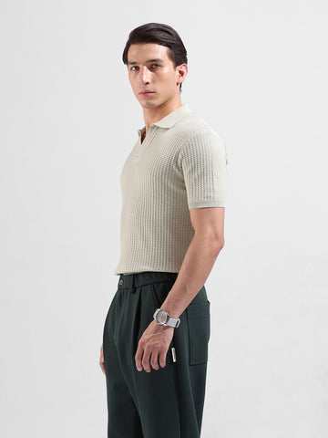 Men's Green Slim Fit Textured Flat Knit Polo Neck T-Shirt