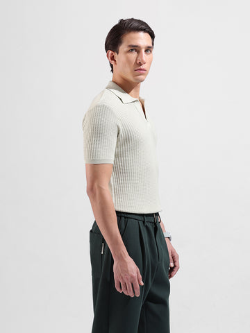 Men's Green Slim Fit Textured Flat Knit Polo Neck T-Shirt