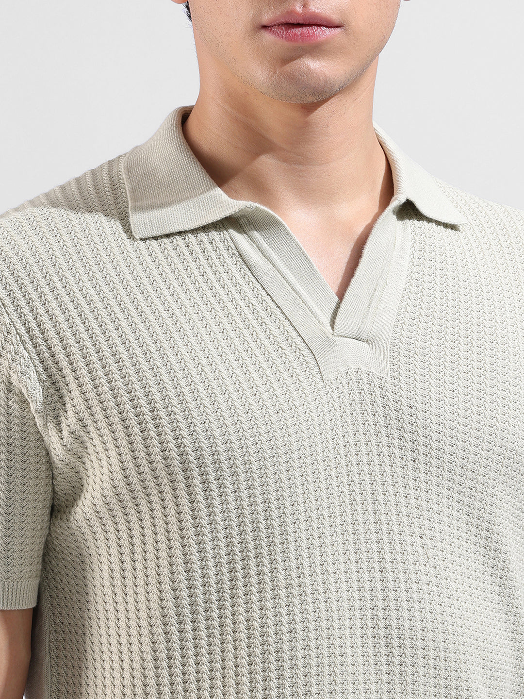 Men's Green Slim Fit Textured Flat Knit Polo Neck T-Shirt