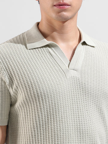 Men's Green Slim Fit Textured Flat Knit Polo Neck T-Shirt