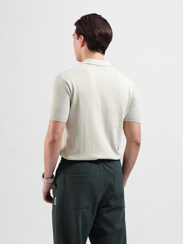 Men's Green Slim Fit Textured Flat Knit Polo Neck T-Shirt