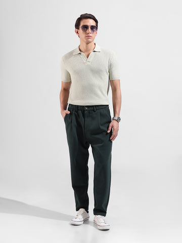 Men's Green Slim Fit Textured Flat Knit Polo Neck T-Shirt