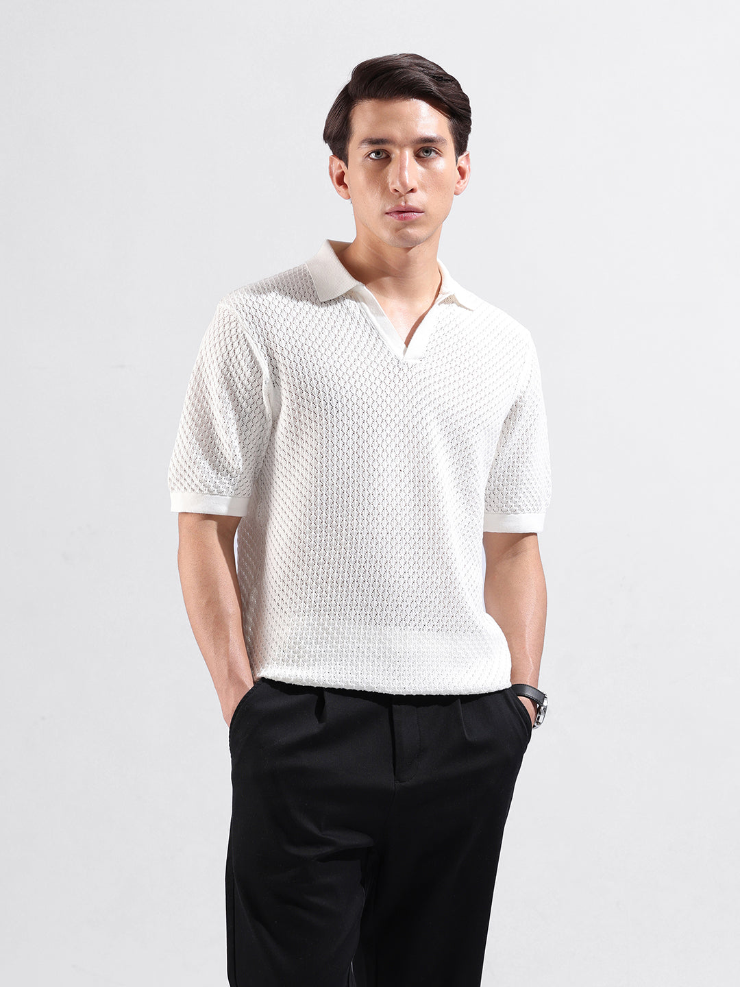 Men's White Slim Fit Textured Flat Knit Polo Collar T-Shirt