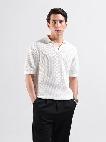 Men's White Slim Fit Textured Flat Knit Polo Collar T-Shirt