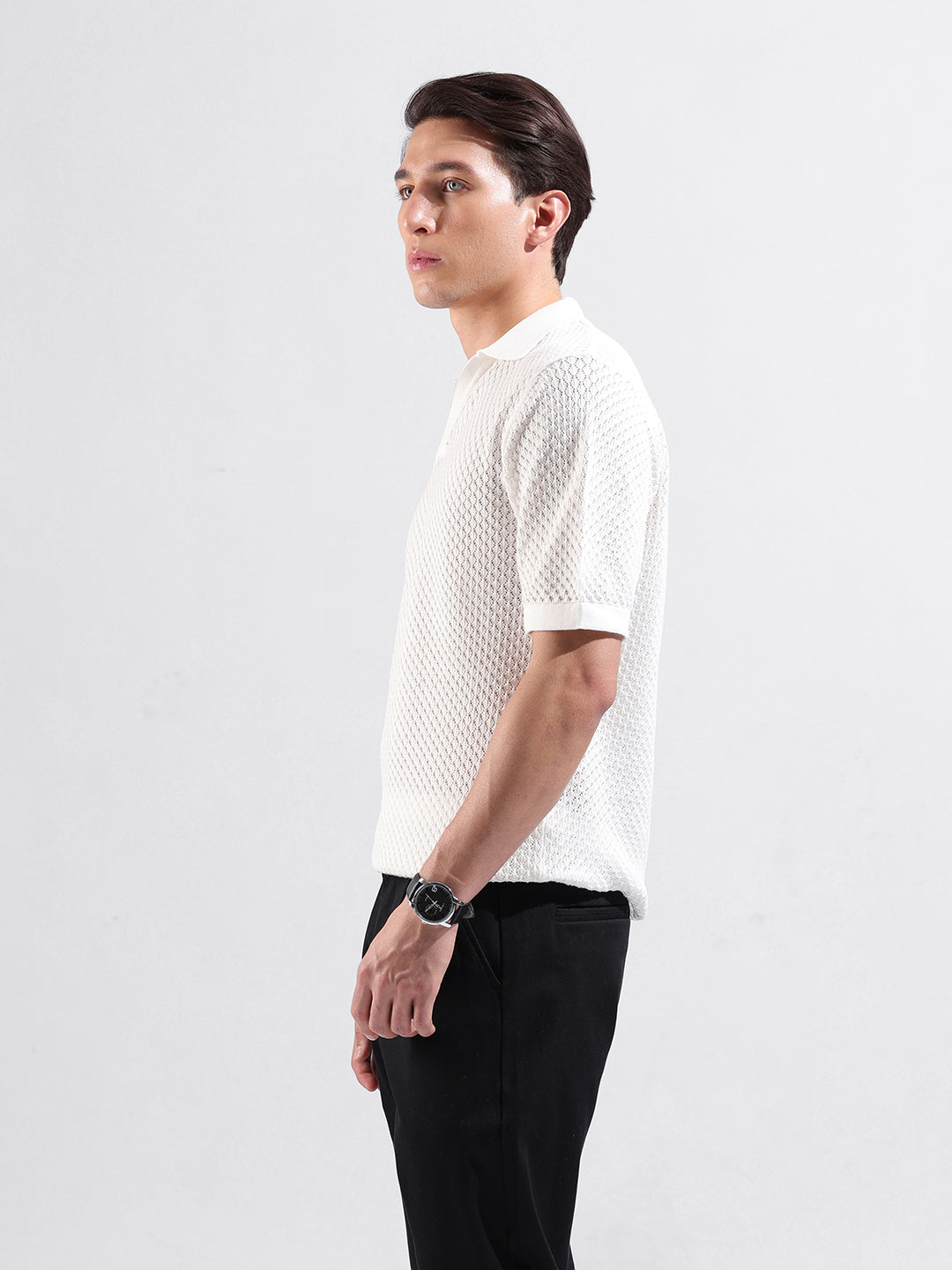 Men's White Slim Fit Textured Flat Knit Polo Collar T-Shirt
