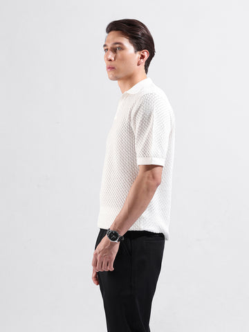 Men's White Slim Fit Textured Flat Knit Polo Collar T-Shirt