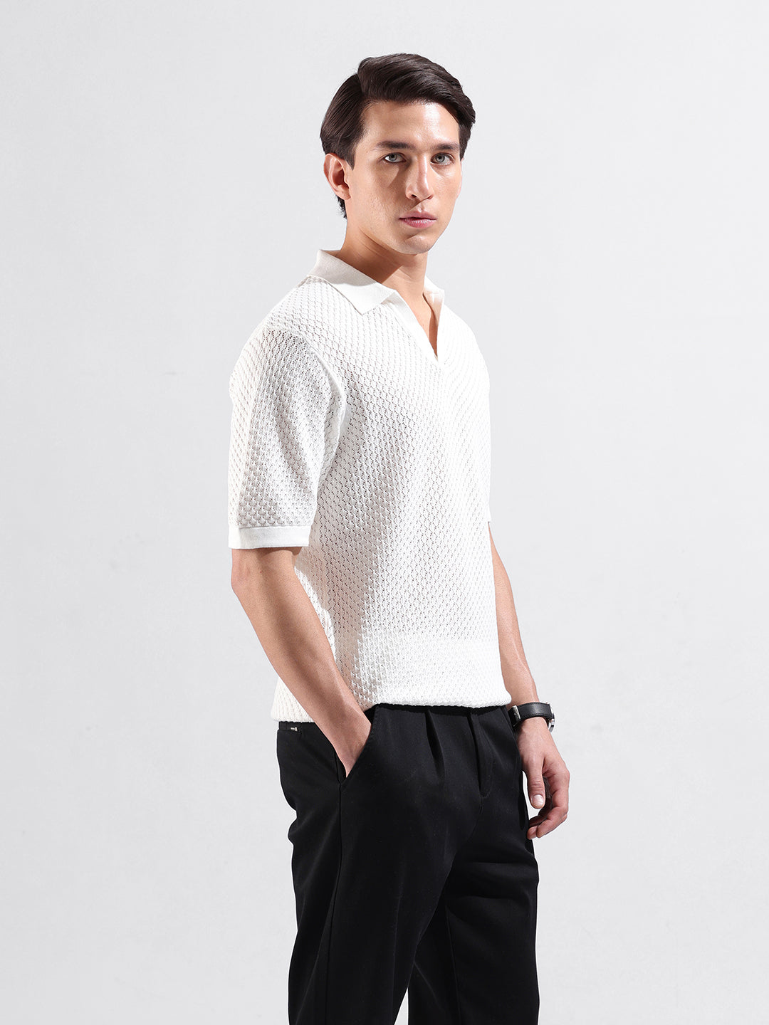 Men's White Slim Fit Textured Flat Knit Polo Collar T-Shirt
