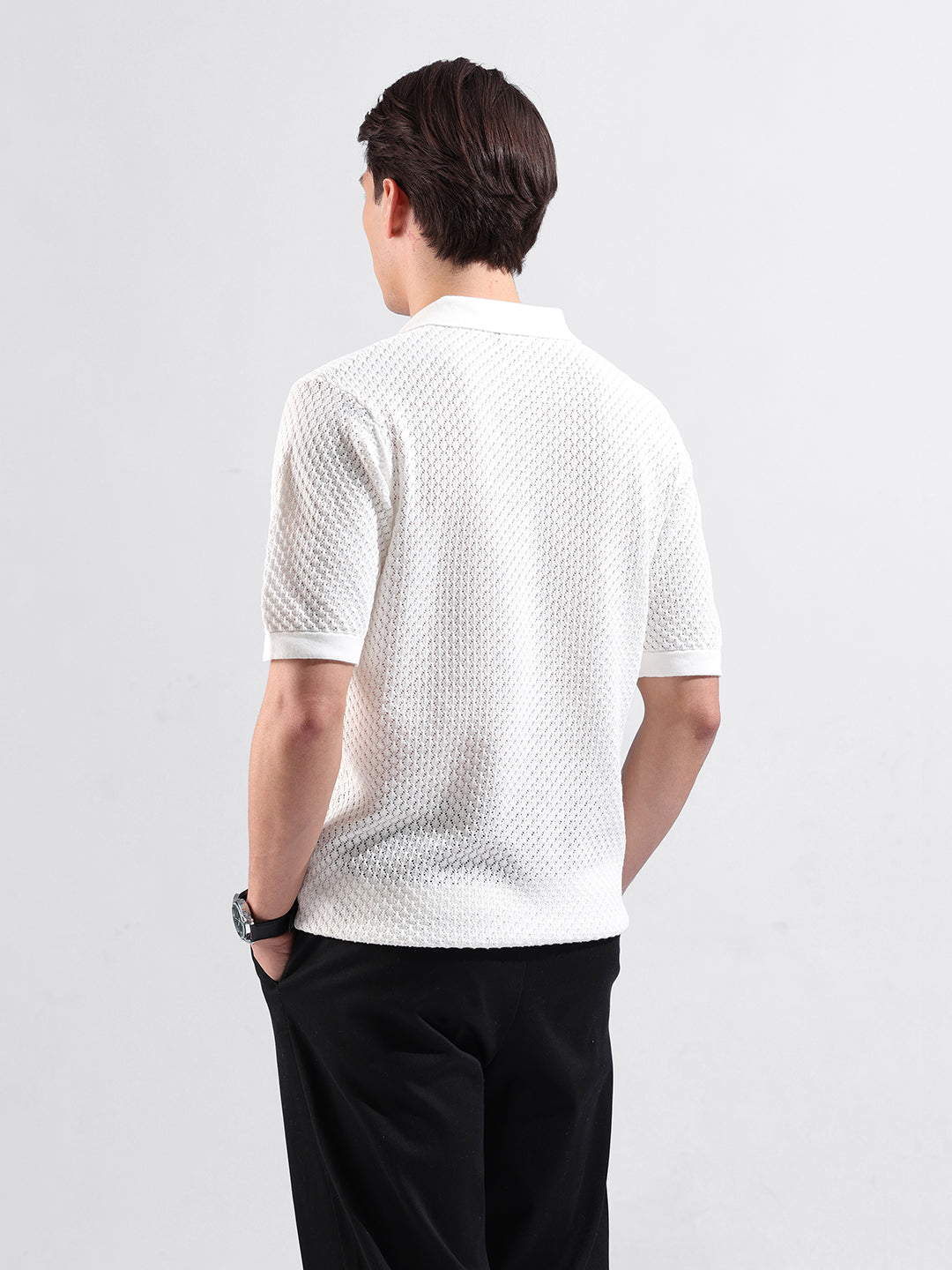 Men's White Slim Fit Textured Flat Knit Polo Collar T-Shirt