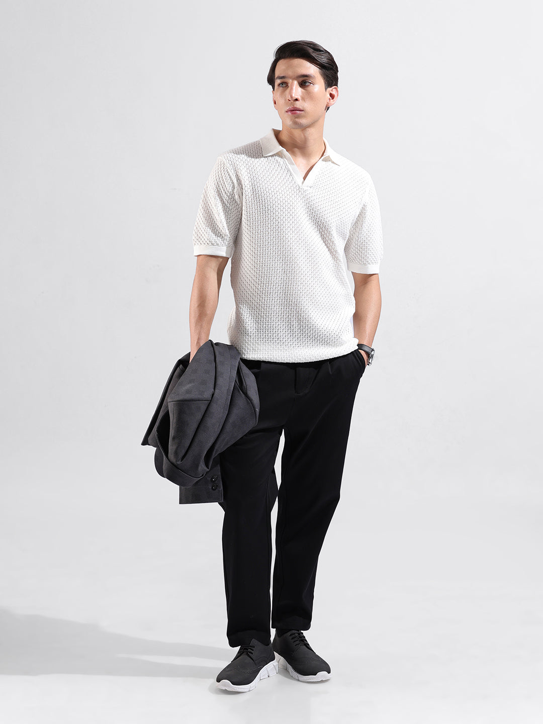 Men's White Slim Fit Textured Flat Knit Polo Collar T-Shirt