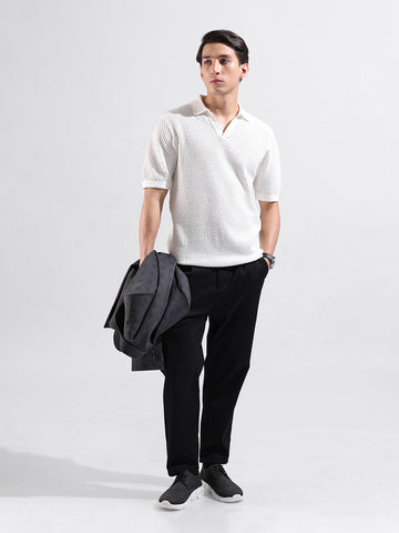 Men's White Slim Fit Textured Flat Knit Polo Collar T-Shirt